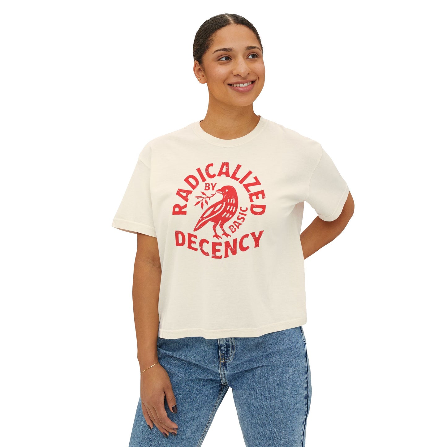 Radicalized by Decency Boxy Tee — Women's Vintage Graphic T‑Shirt